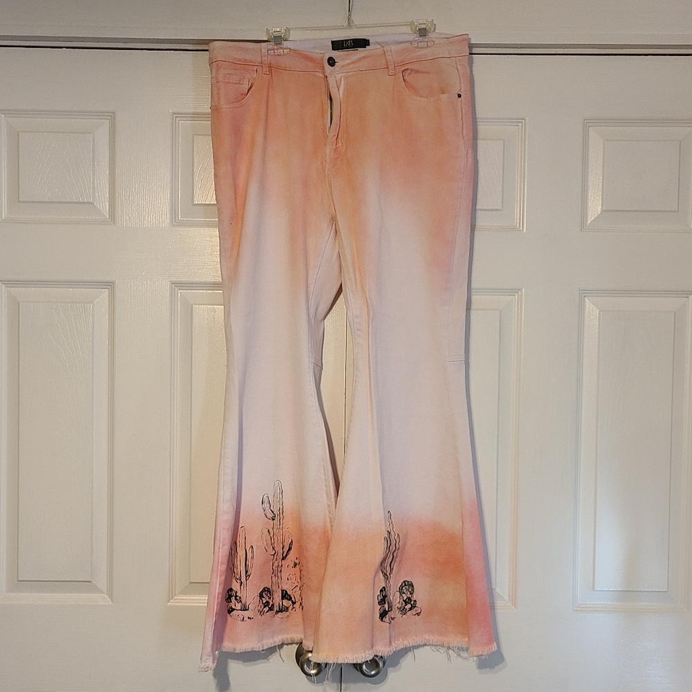 Lucky & Blessed Cactus Pink and White Bell Bottom Jeans